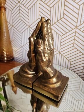 Vintage Pair Brass Bronze Tone Decorative Praying Hands Bookends MCM